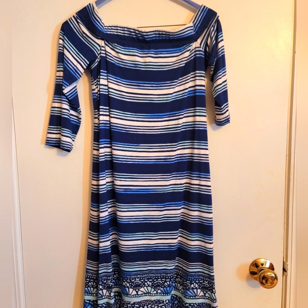 Super cute blue striped off the shoulder Lilly Pulitzer Dress. Size Small.